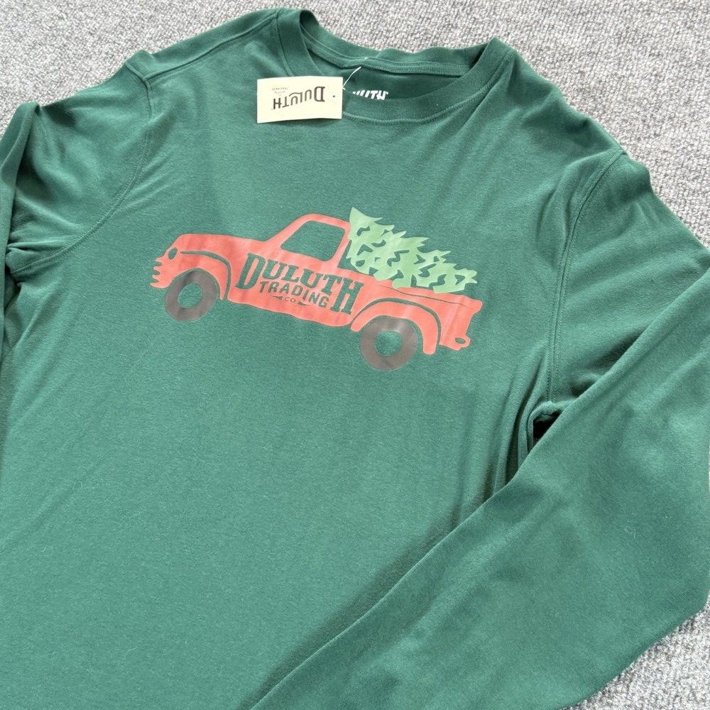 Duluth Trading Co Mens Med Green Holiday Red Truck Christmas Long Sleeve